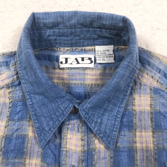 VTG 90s JAB Button Shirt Mens L Blue Tan Plaid SEERSUCKER Short Sleeve Casual - Picture 5 of 11